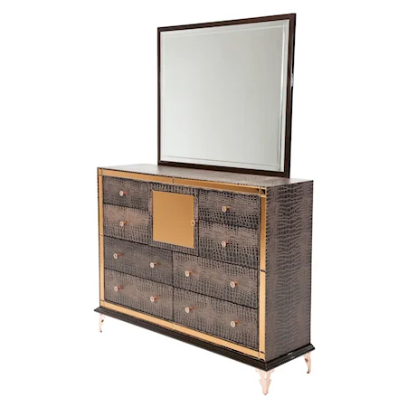 Upholstered Dresser and Rectangle Mirror with Crocodile Print